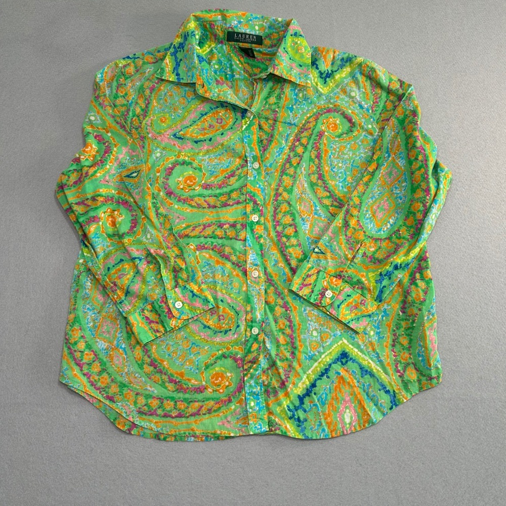 Lauren Ralph Lauren Button Down Women PL Green Paisley Cotton Long Sleeve Blouse